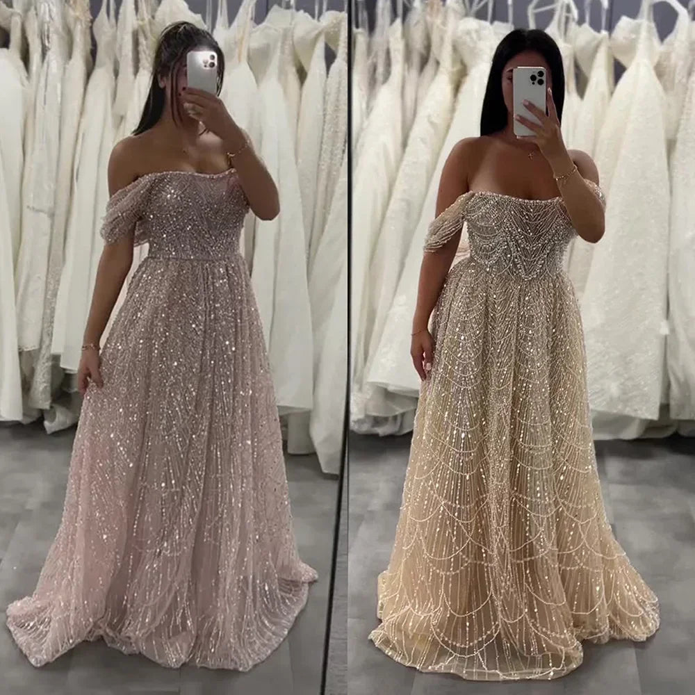 Serene Hill Olive Green A Line Off Shoulder Evening Dress With Pearl Beading