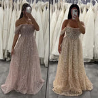Serene Hill Olive Green A Line Off Shoulder Evening Dress With Pearl Beading