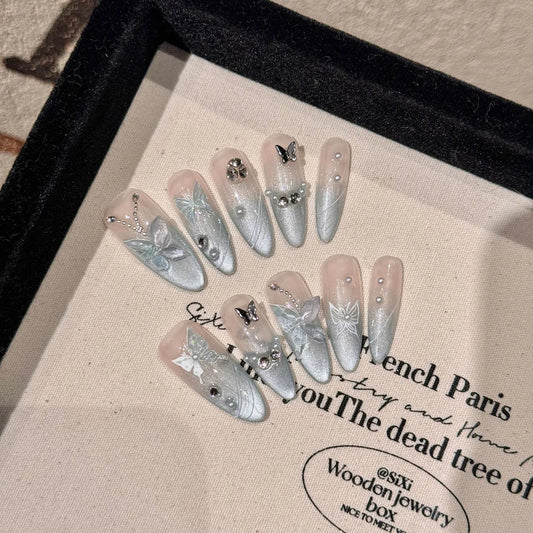 10 uñas postizas largas de almendra hechas a mano con purpurina, diseño de ojo de gato, con decoración de mariposa y diamante metálico, manicura francesa. 