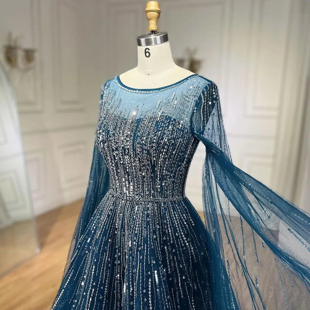 Serene Hill Blue Cape Sleeve Beaded Aline Evening Dress Custom Party Gown