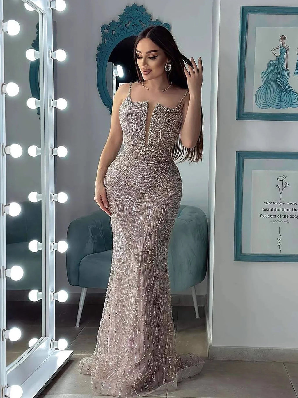 Luxury Evening Dress Nude Pearls Beaded Gown With Tulle Train LA72189A