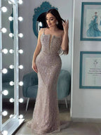 Luxury Evening Dress Nude Pearls Beaded Gown With Tulle Train LA72189A