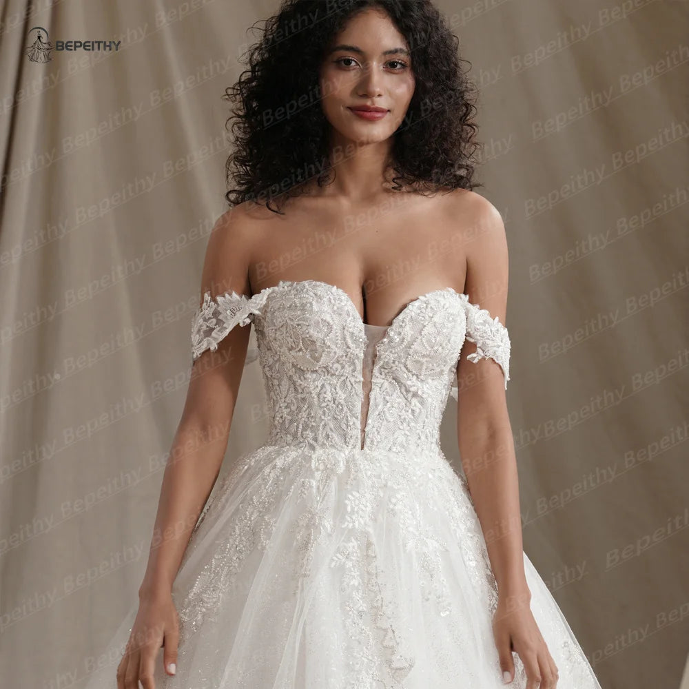 Custom Made Plus Size Ivory Off Shoulder Glitter Wedding Dress