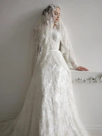 Luxury Custom A Line Wedding Dress Long Sleeve Lace Applique Chapel Train