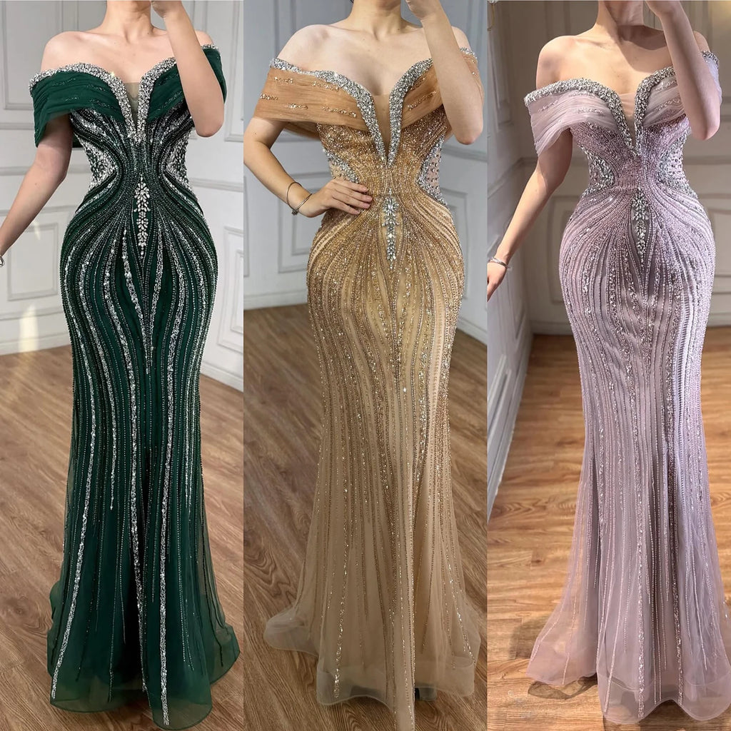 Serene Hill Custom Gold Beaded Mermaid Evening Dress Women Party Gown