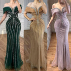 Serene Hill Custom Gold Beaded Mermaid Evening Dress Women Party Gown