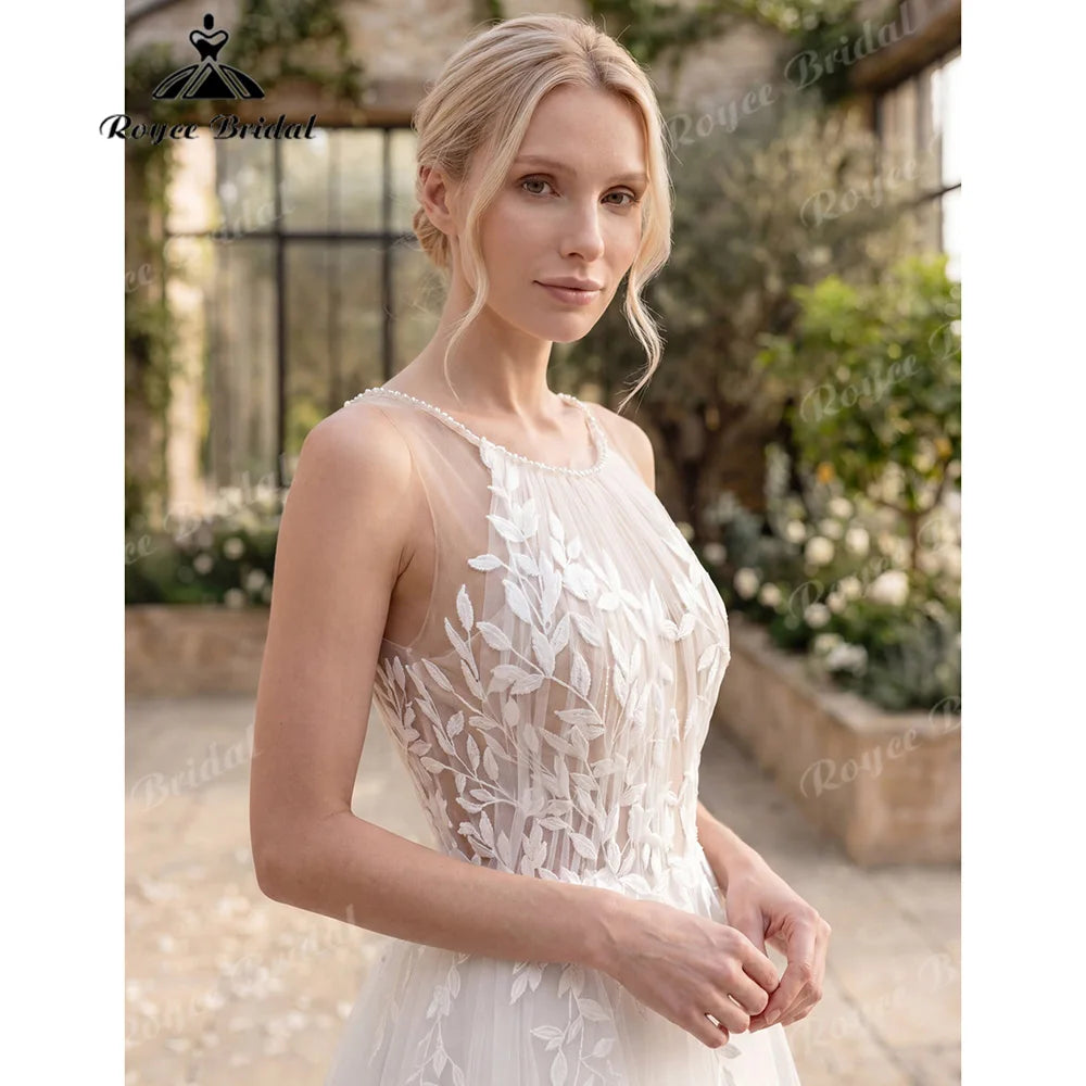 Roycebridal Halter Neck Leaf Lace A Line Wedding Dress With Keyhole Open Back
