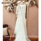 Boho Lace Applique Wedding Dress With Plunging V Neck For Beach Brides