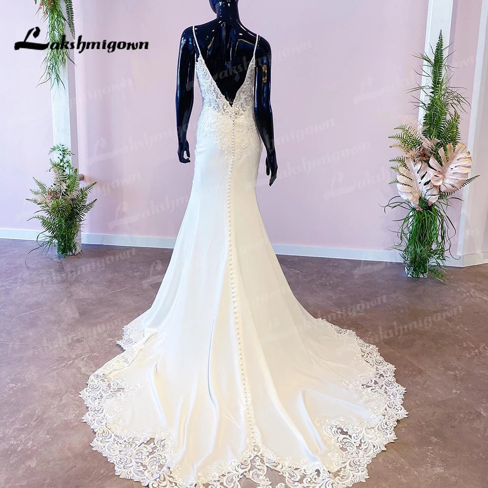 Lakshmigown Deep V Neck Soft Satin Wedding Dress With Appliques Plus Size