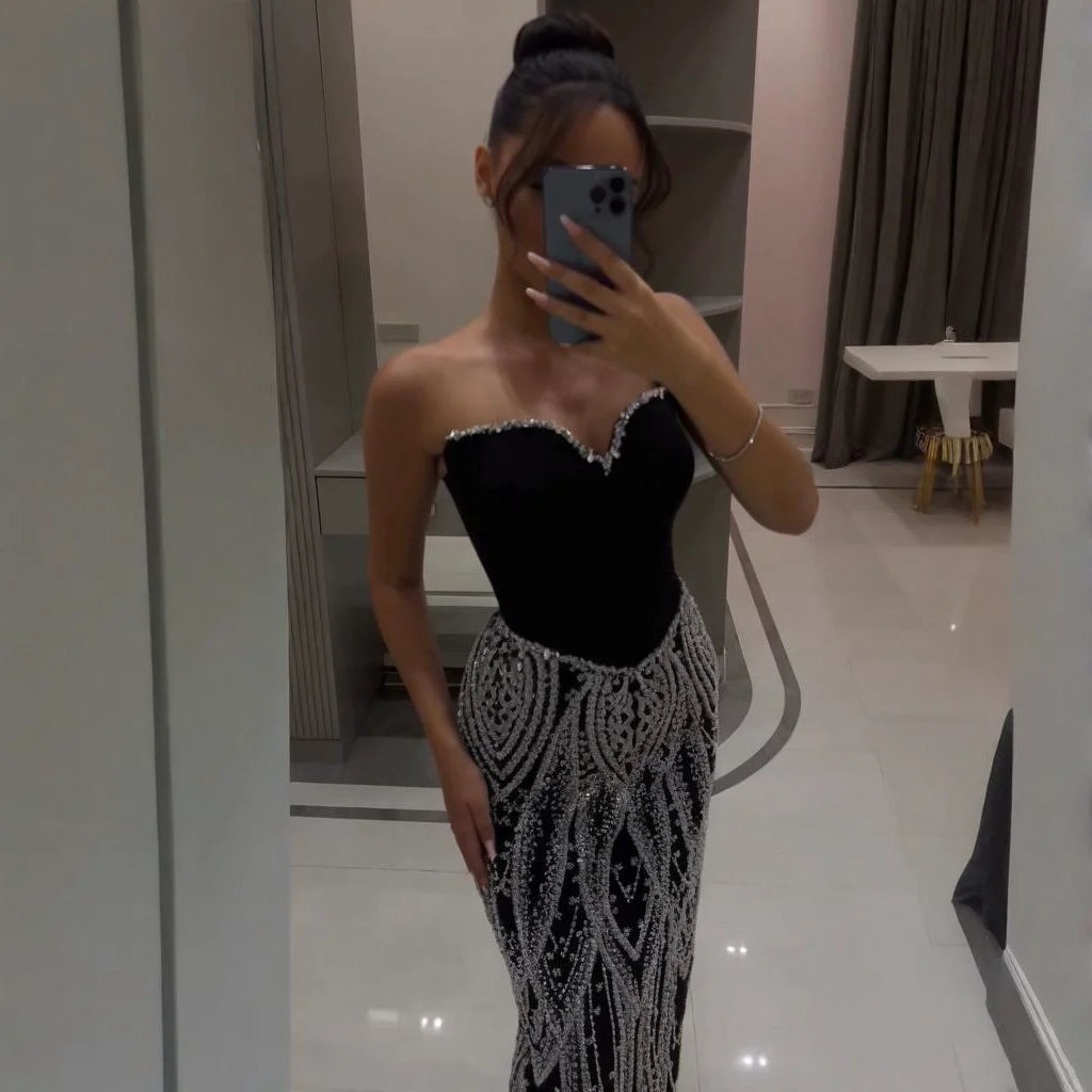 Women Black Mermaid Evening Dress Custom Beaded Luxury Gown