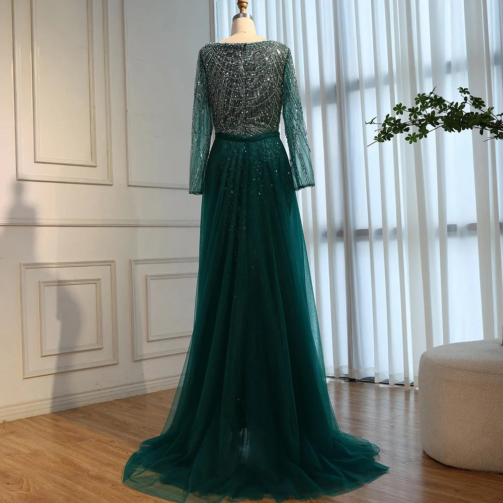 Green Square Neck Long Sleeve Mermaid Pearl Beaded Evening Party Gown Custom