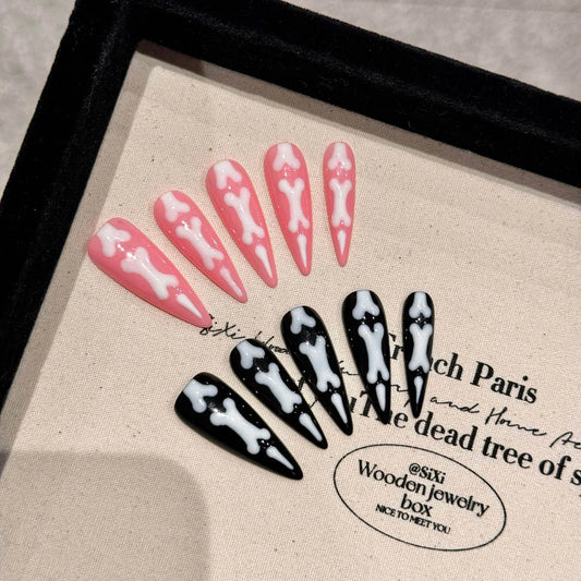 10 uñas postizas con temática de Halloween, hechas a mano, con diseño de garra de gato en degradado, color rosa y negro, con parches largos de aguja. 