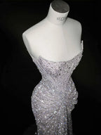 Vestido de Baile de Tule Lilás Cintilante com Contas, Sem Alças, Modelo Sereia, Vestido de Noite Y8664