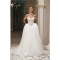 Custom White Off Shoulder Pearl Chain Wedding Dress With Lace Up Court Train