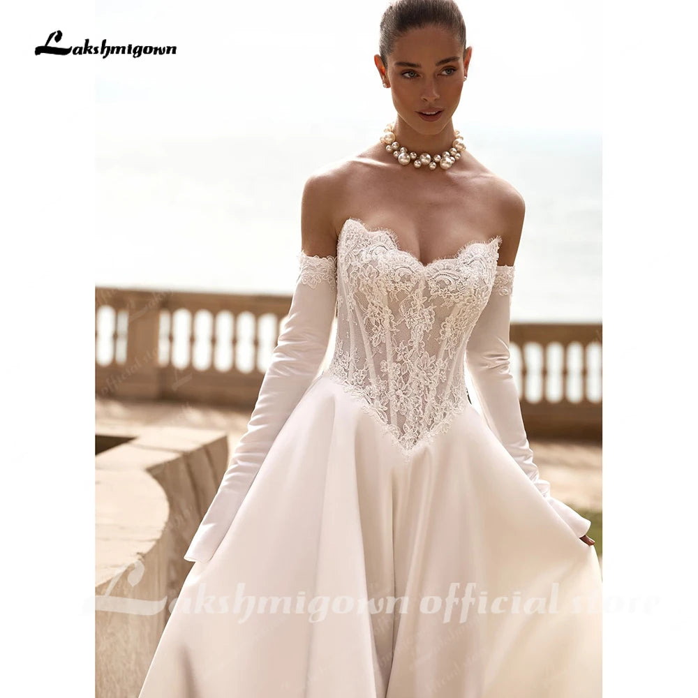 Lakshmigown Custom A Line Lace Satin Wedding Dress With Court Train
