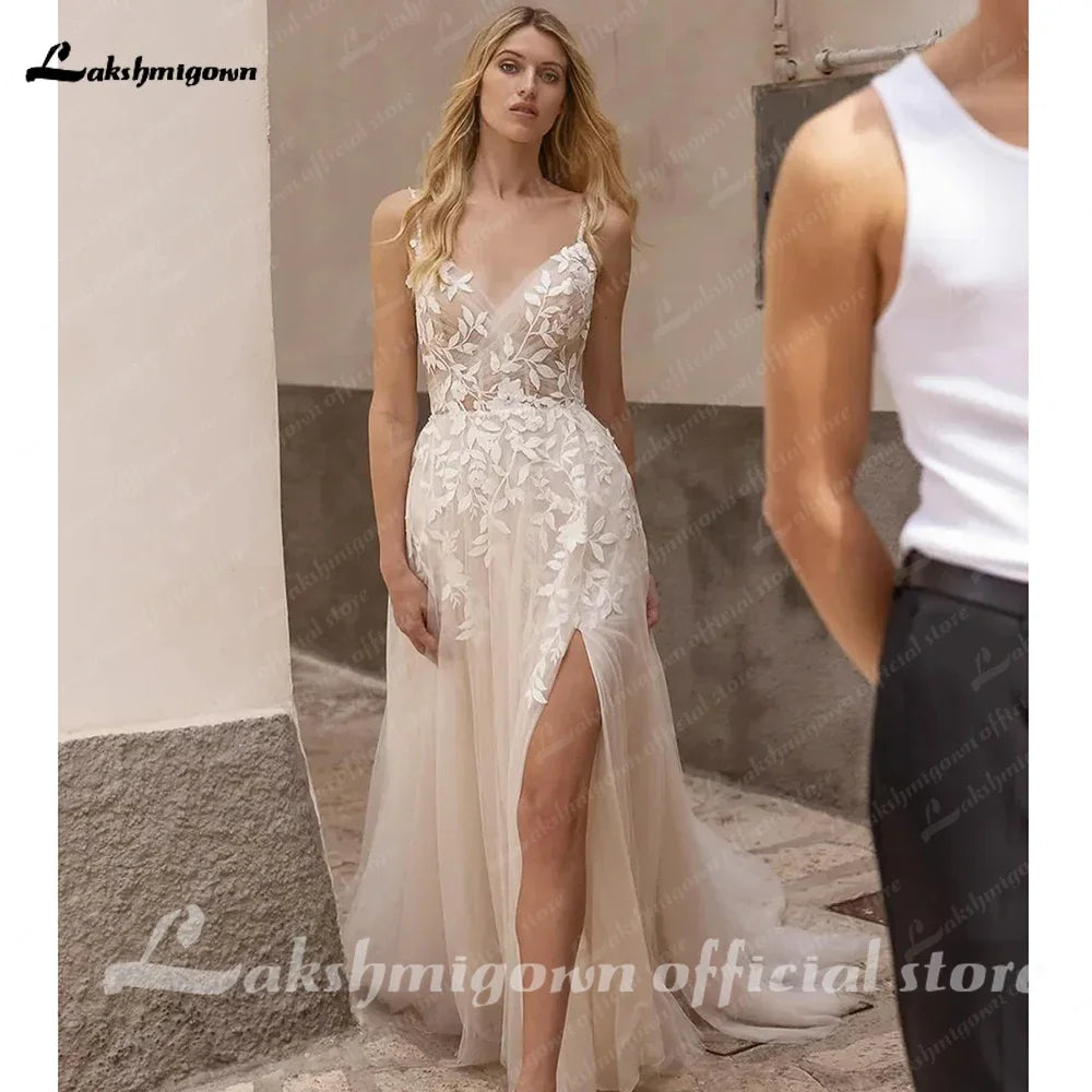 Summer V Neck Lace Appliques Wedding Dress With Side Split Spaghetti Straps