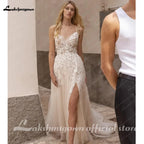 Summer V Neck Lace Appliques Wedding Dress With Side Split Spaghetti Straps