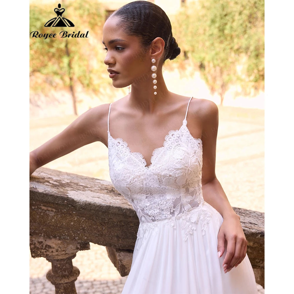Custom Beach Wedding Dress V Neck Lace Chiffon Flowy Bridal Gown