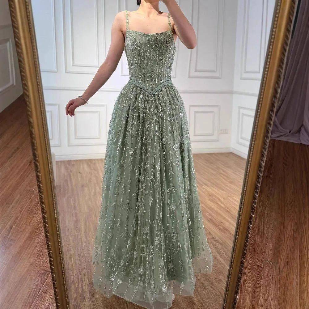 Luxury Sage Green Beaded A-Line Spaghetti Strap Evening Dress LA72805