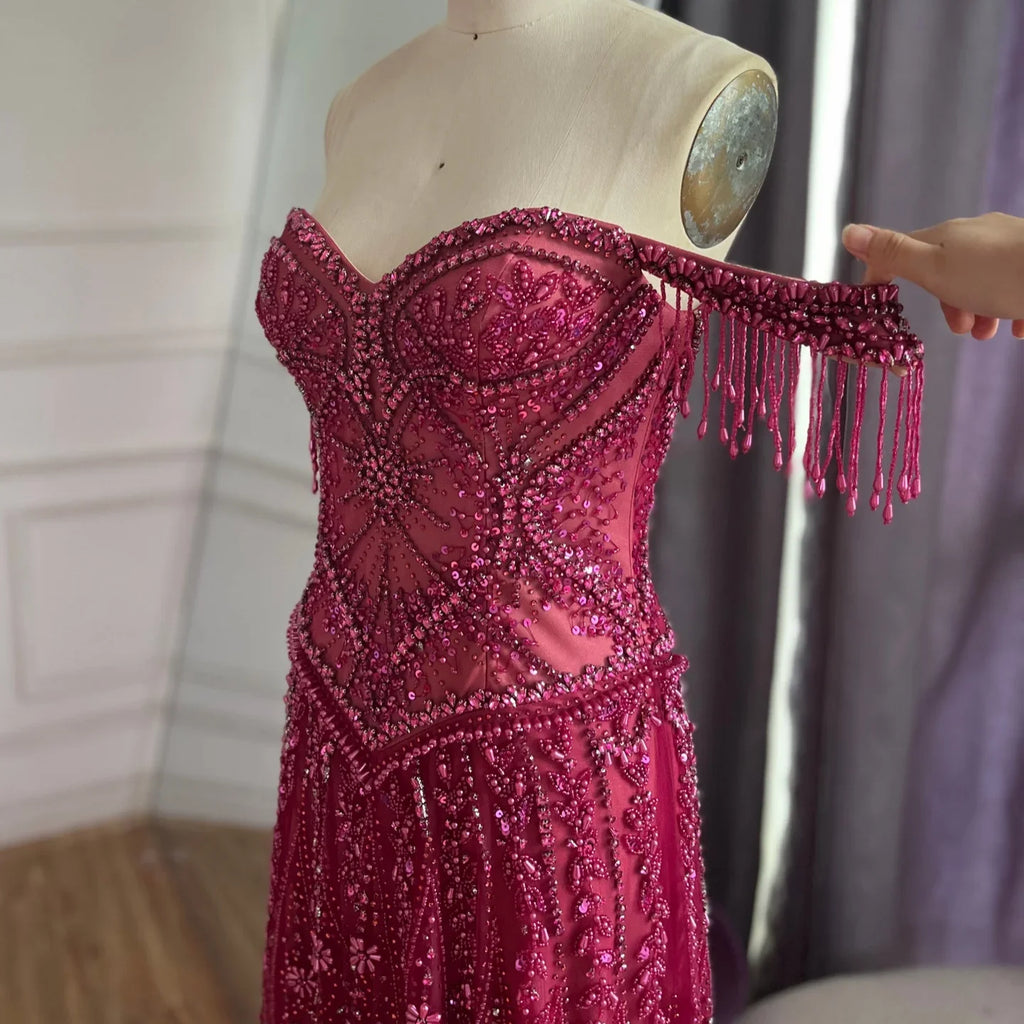 Serene Hill Fuchsia Beaded Off Shoulder Wedding Evening Dress Gown