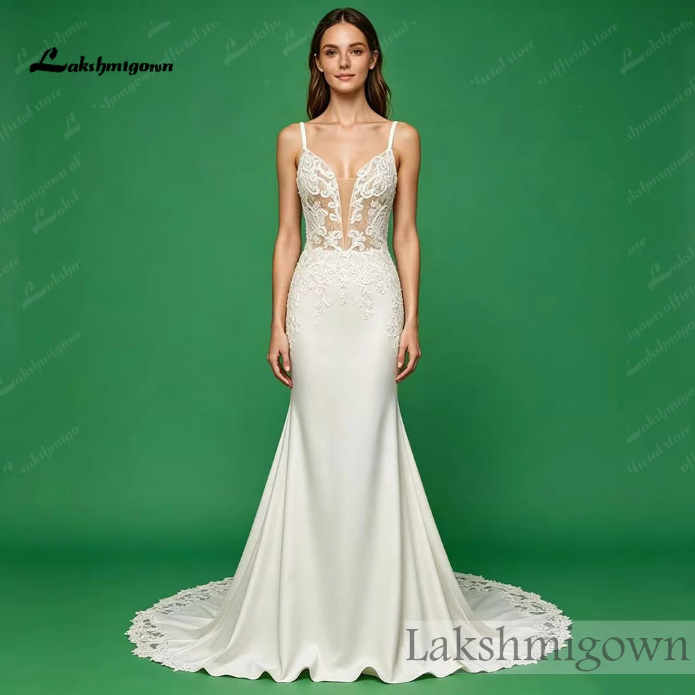 Custom Lace Mermaid Wedding Dress Beaded V Neck Spaghetti Straps Chapel Train