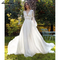 Custom V Neck Lace Wedding Dress Boho Beach Bridal Gown With Puff Sleeves