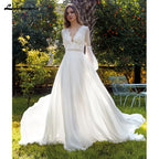 Custom V Neck Lace Wedding Dress Boho Beach Bridal Gown With Puff Sleeves