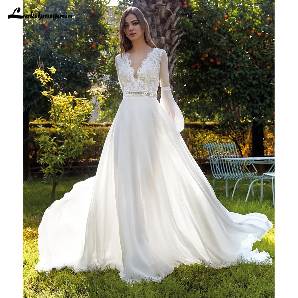 Custom V Neck Lace Wedding Dress Boho Beach Bridal Gown With Puff Sleeves