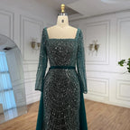Green Square Neck Long Sleeve Mermaid Pearl Beaded Evening Party Gown Custom