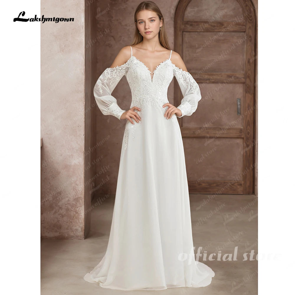 Custom Illusion Off White Bridal Gown Off Shoulder Long Sleeve Wedding Dress