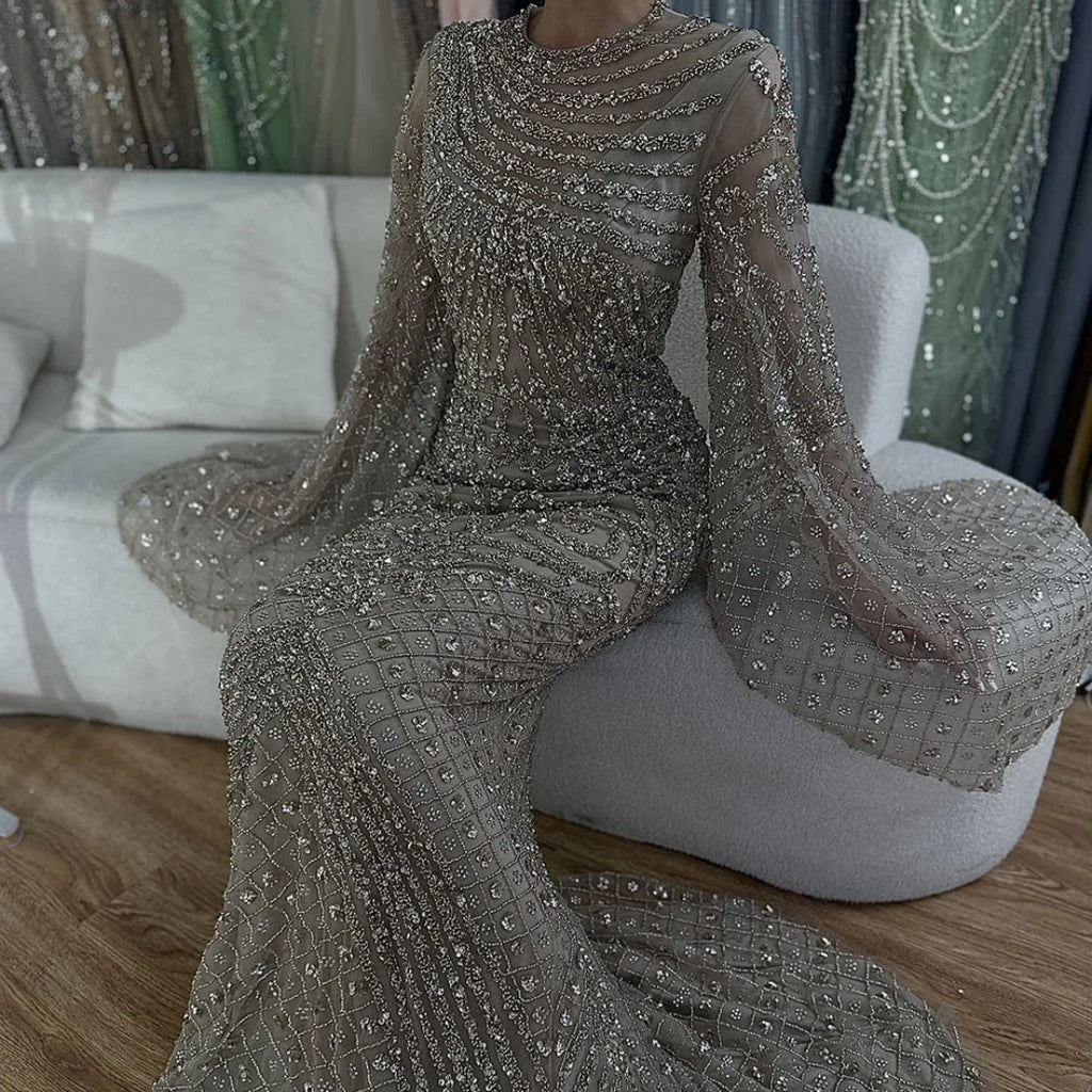 Custom Caramel Beaded Mermaid Evening Gown Flared Sleeves Party Dress
