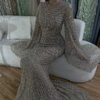Custom Caramel Beaded Mermaid Evening Gown Flared Sleeves Party Dress
