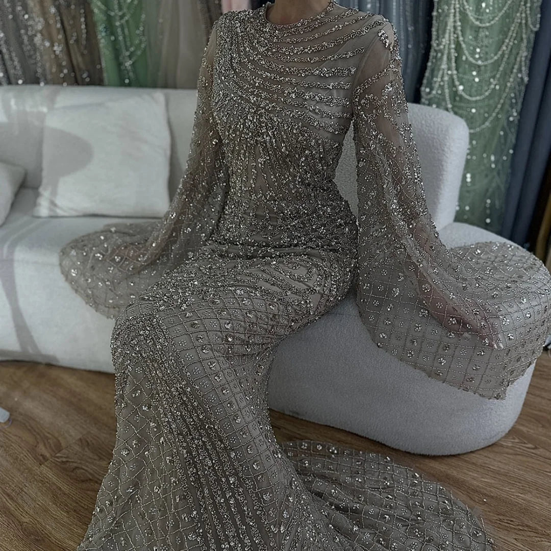 Custom Caramel Beaded Mermaid Evening Gown Flared Sleeves Party Dress