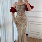 Luxury Pearl Beaded Evening Dress Elegant Puff Sleeves Custom Gown
