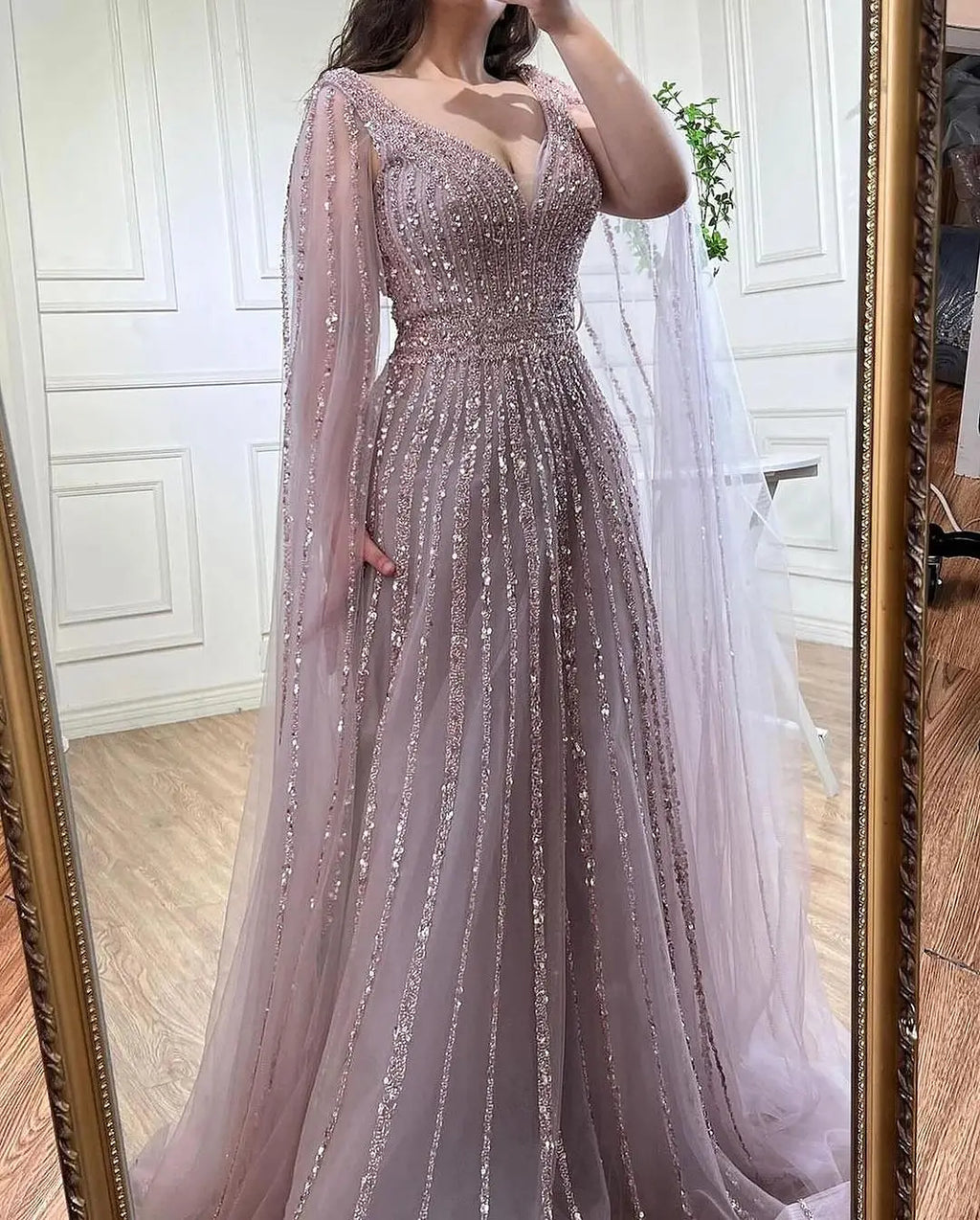 Luxury Custom Pink A Line Beaded Cape Sleeve Evening Dress Women Wedding