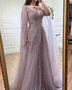 Luxury Custom Pink A Line Beaded Cape Sleeve Evening Dress Women Wedding