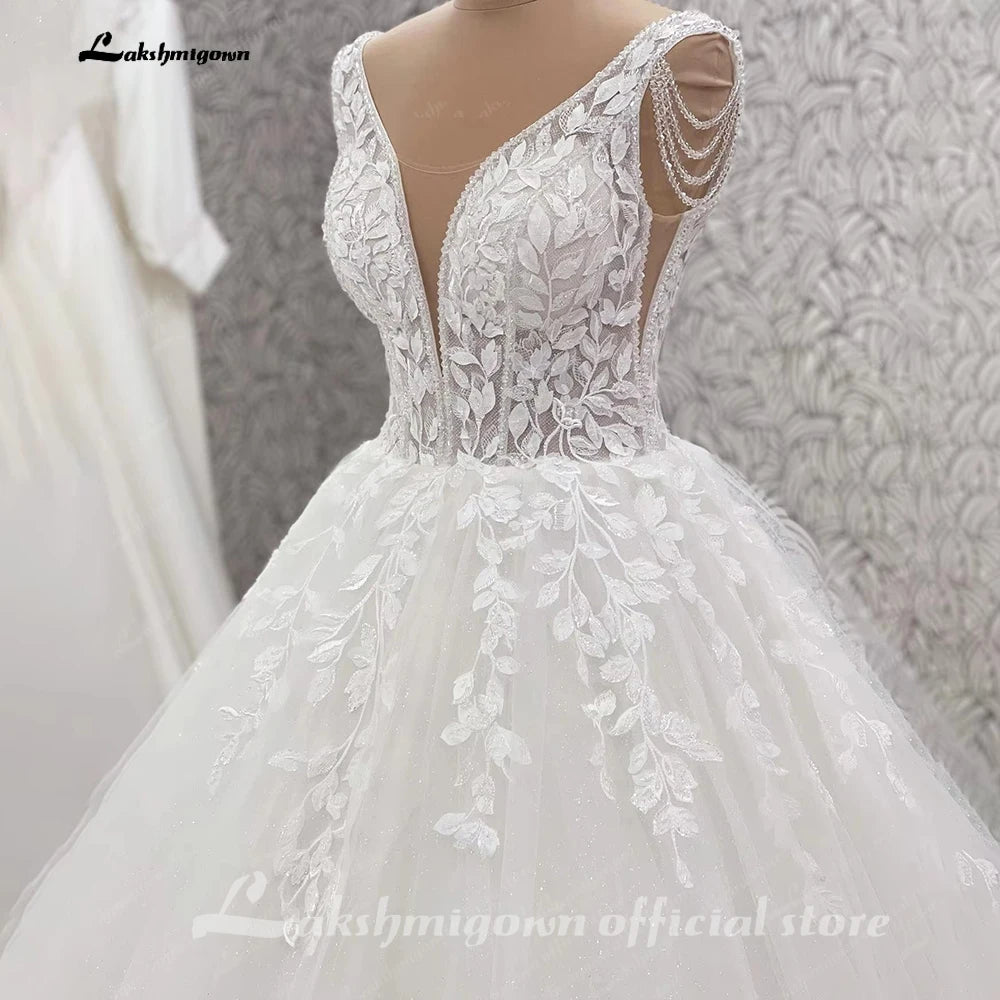 Lakshmigown Custom Beaded V Neck Wedding Dress With Tassel And Lace Up Back