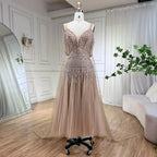Customized Nude A Line Midi Prom Dress Glitter Beaded Evening Party Gown
