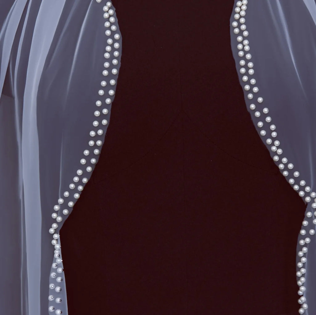 Vintage Pearl Beaded Fingertip Wedding Veil Single Layer Tulle Comb