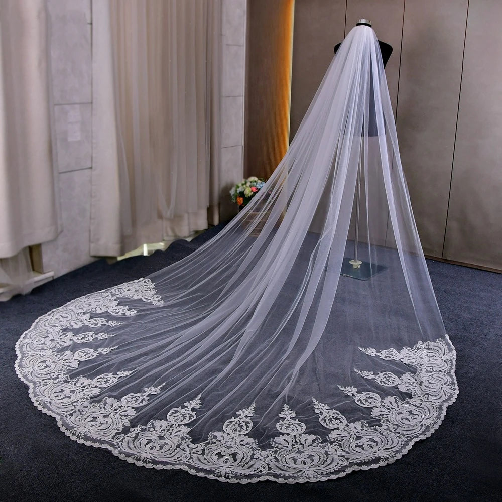 One Layer Ivory Cathedral Bridal Tulle Veil With Metal Comb