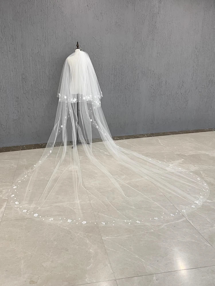 Long Custom Wedding Bridal Veil Featuring 3D Flowers And Pearl Details