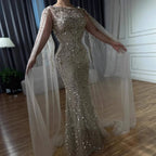Customized Caramel O Neck Mermaid Evening Dress With Cape Sleeve