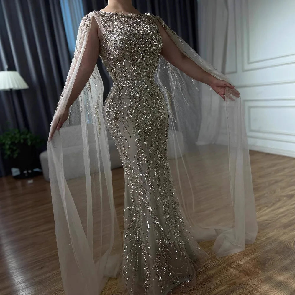 Customized Caramel O Neck Mermaid Evening Dress With Cape Sleeve