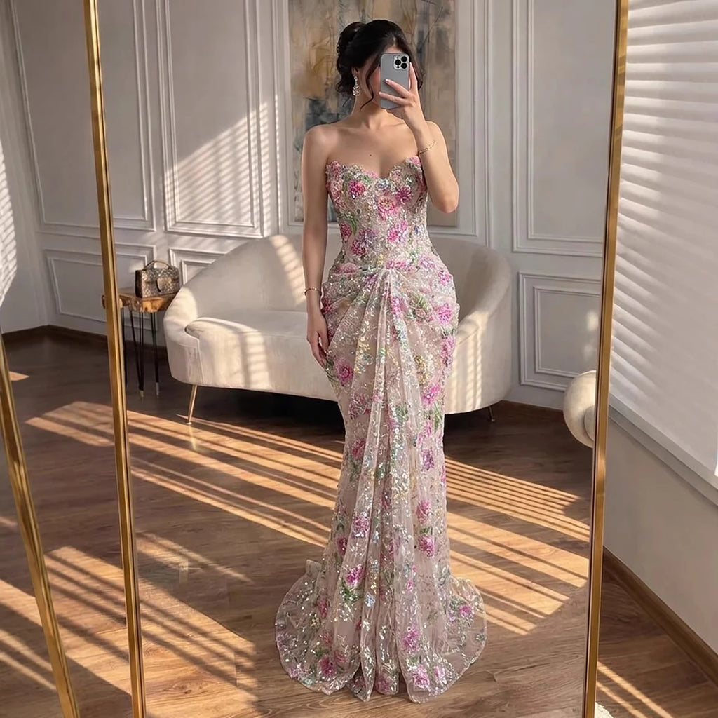 Customized Strapless Mermaid Evening Dress With Floral Pattern For Women
