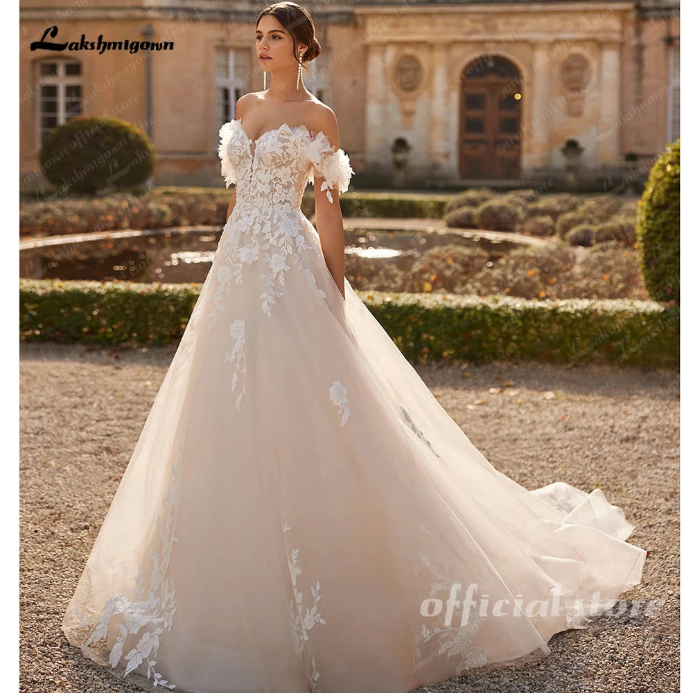Customized Sweetheart Tulle Wedding Dress Sequins Lace Off Shoulder Bridal Gown