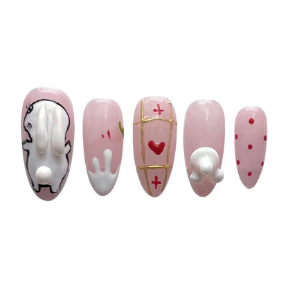 10 uñas postizas de conejo blanco hechas a mano, color almendra rosa, con rayas doradas y decoración de corazón, ideales para usar. 
