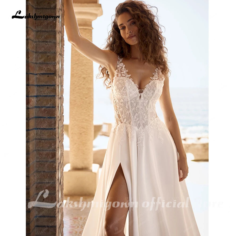Lakshmigown V Neck Chiffon Beach Wedding Dress Lace A Line Bridal Gown