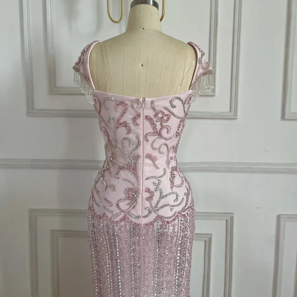 Pink Mermaid Beaded Evening Gown Customized Arabic Wedding Dress