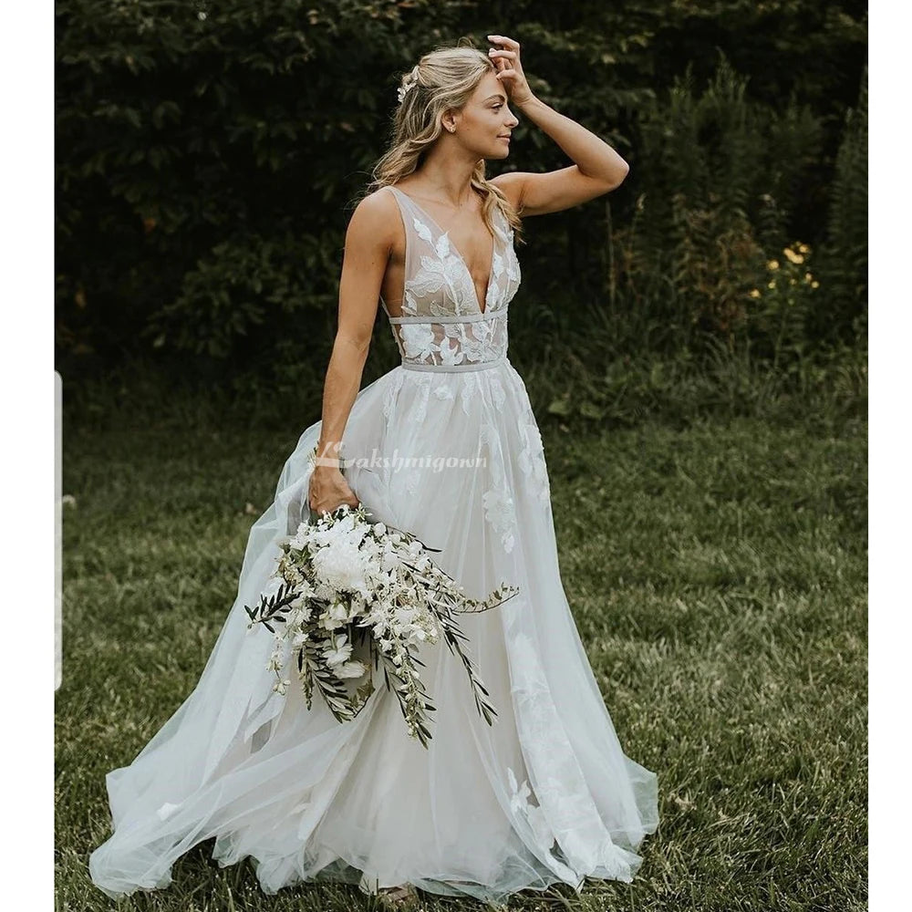Custom A Line Lace Wedding Dress With Appliques Floor Length Bridal Gown