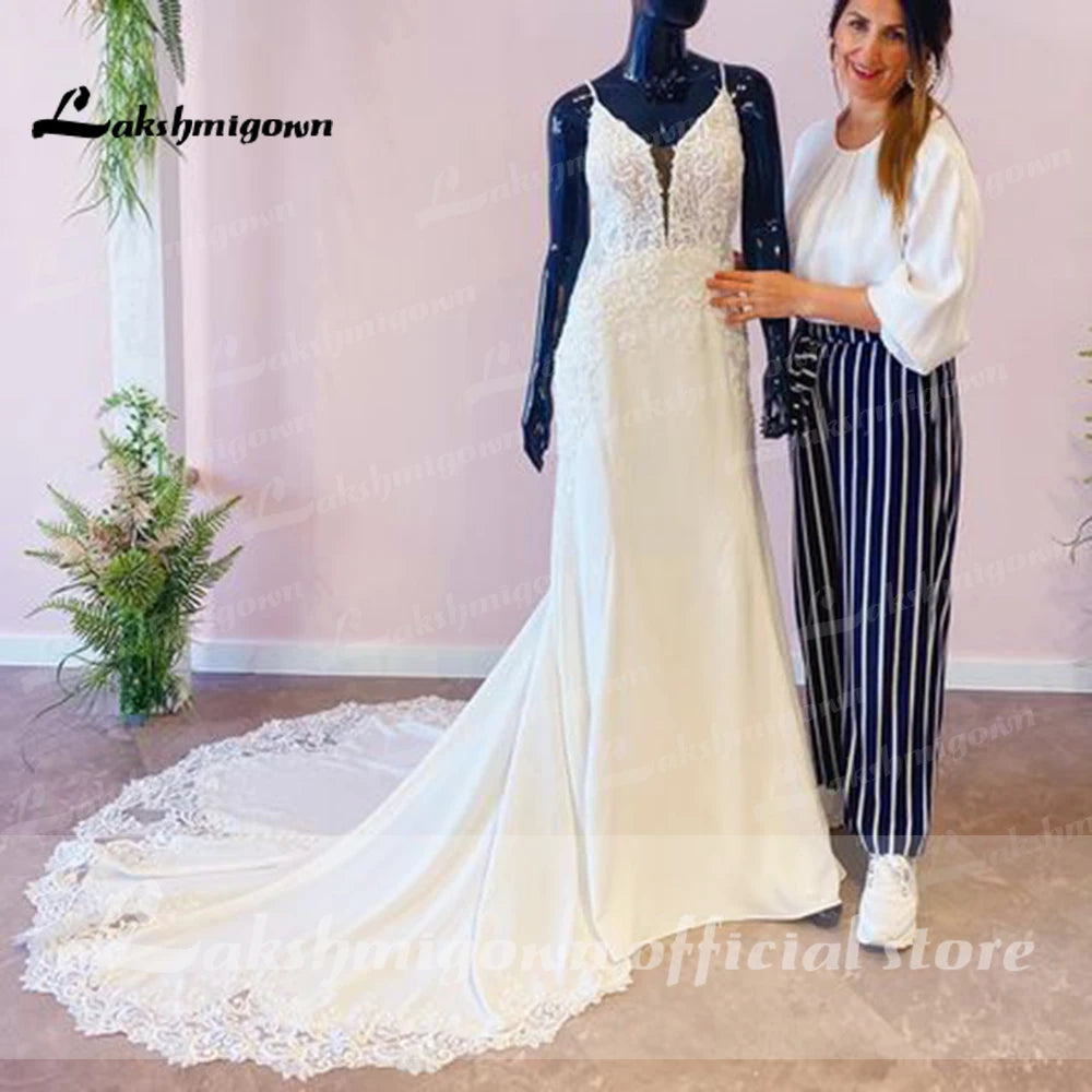 Lakshmigown Deep V Neck Soft Satin Wedding Dress With Appliques Plus Size